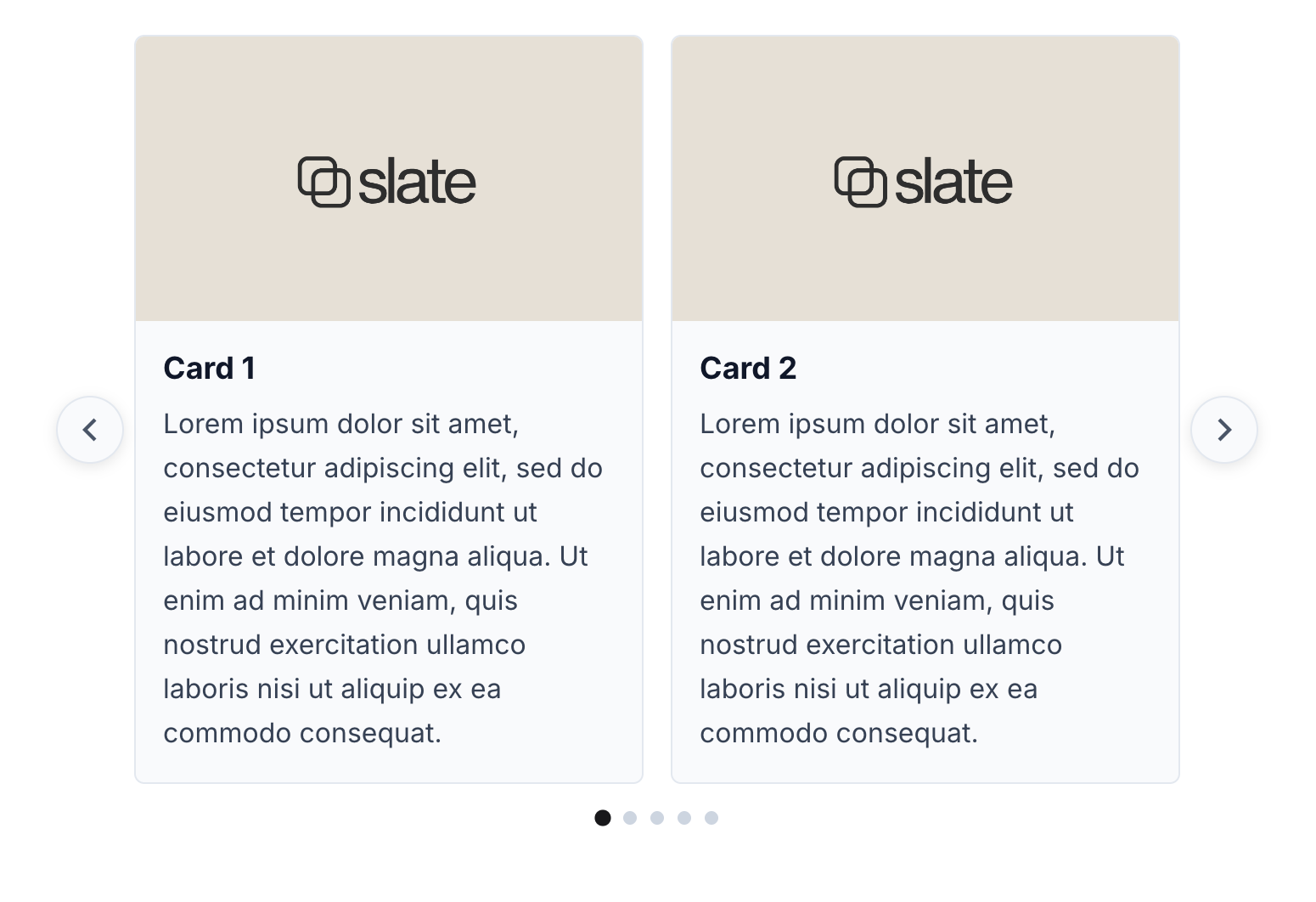 A card carousel showing three product cards with navigation arrows on the sides and dot indicators below