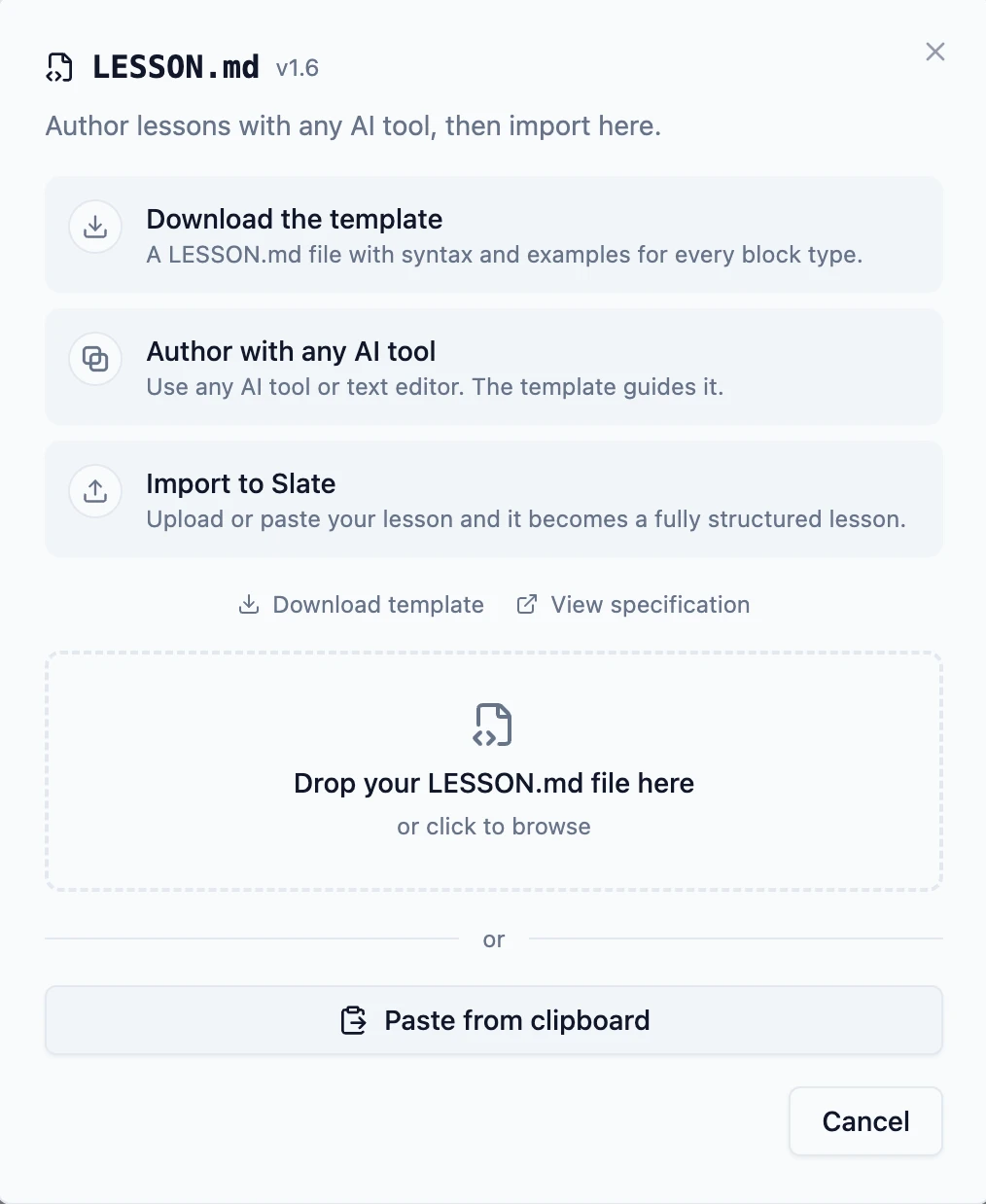 The Slate LESSON.md import dialog showing the paste from clipboard option.