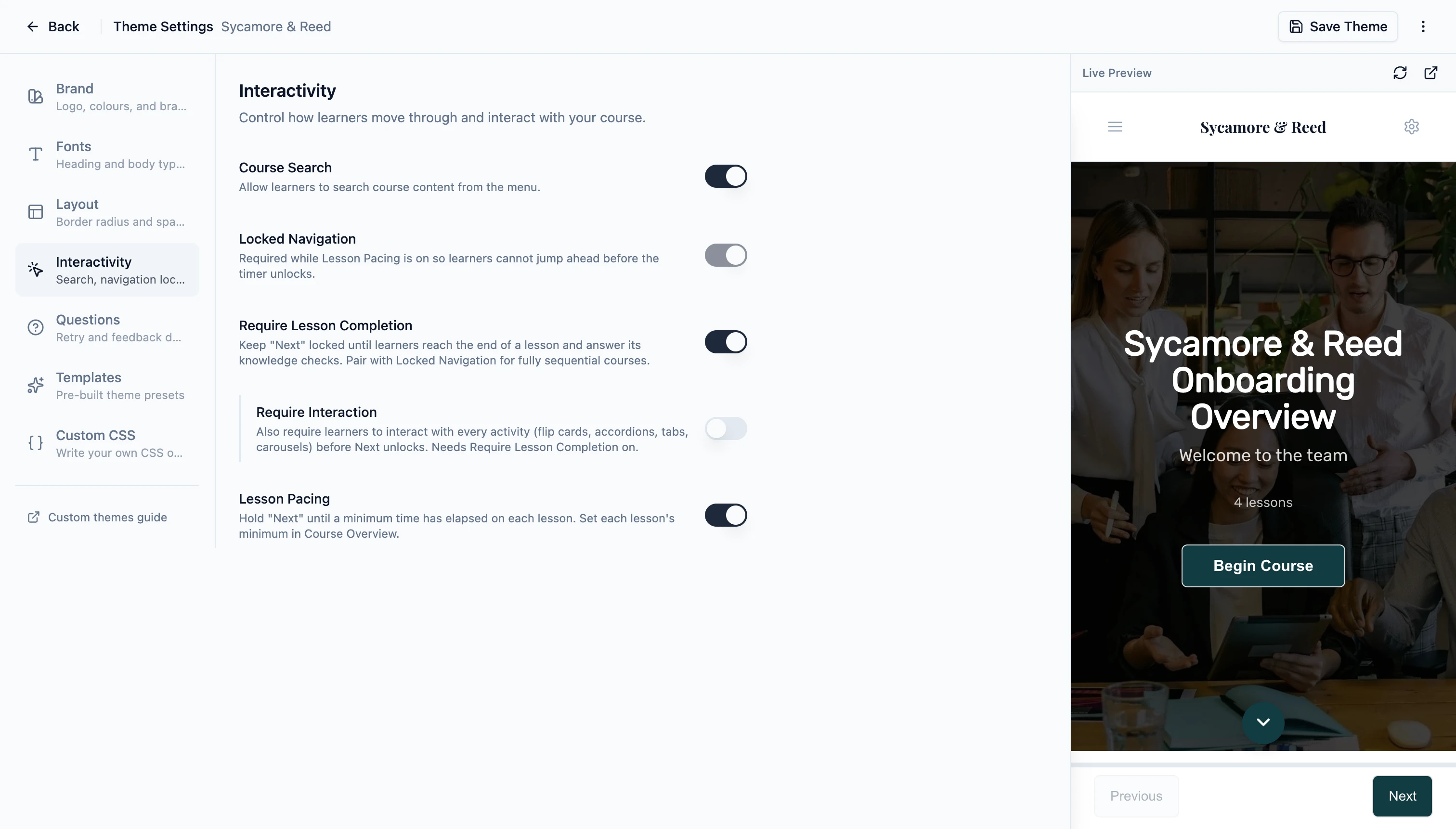 The Interactivity section of Slate's Theme Settings, showing toggles for Course Search, Locked Navigation, Require Lesson Completion, and Lesson Pacing.