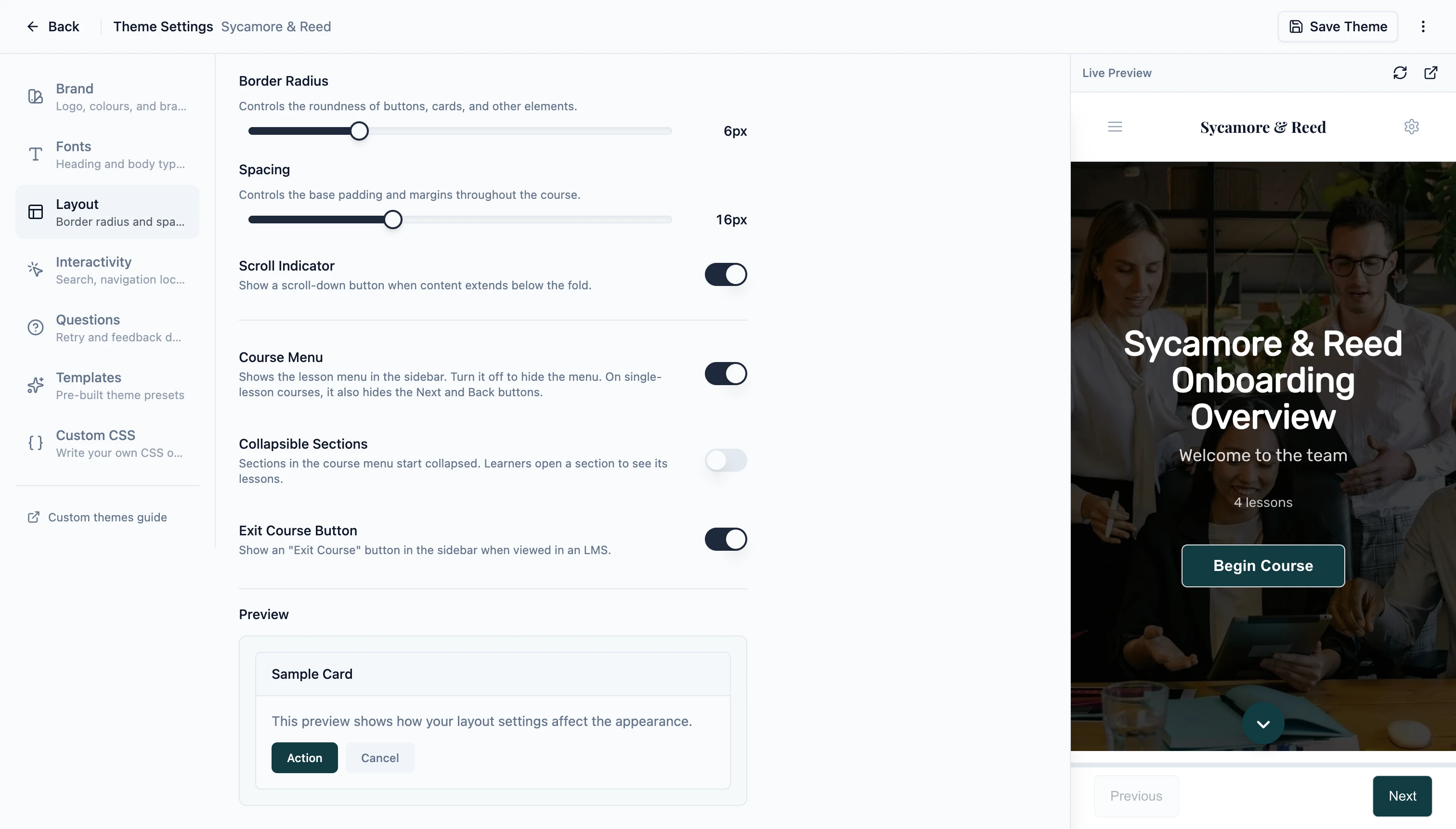 The Layout section of Slate's Theme Settings, showing toggles for Course Menu, Collapsible Sections, and the Exit Course button alongside a live preview of the course player.