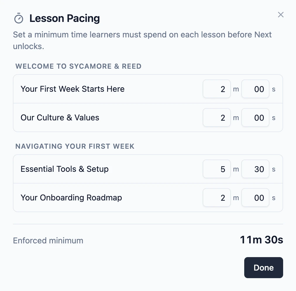 The Lesson Pacing dialog in Slate's Course Overview, listing lessons grouped by section with minutes and seconds fields and a running total minimum for the whole course.