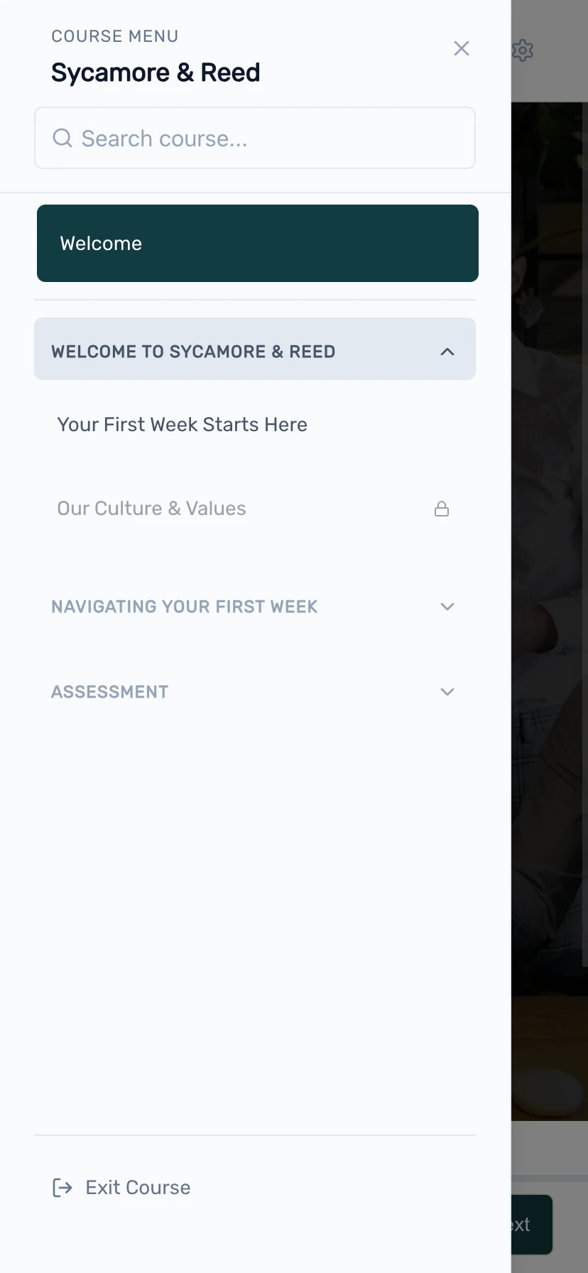 A Slate course menu on a phone: a search box at the top, one section expanded to show its lessons while others stay collapsed, a padlock on a lesson the learner has not reached yet, and an Exit Course button at the bottom.