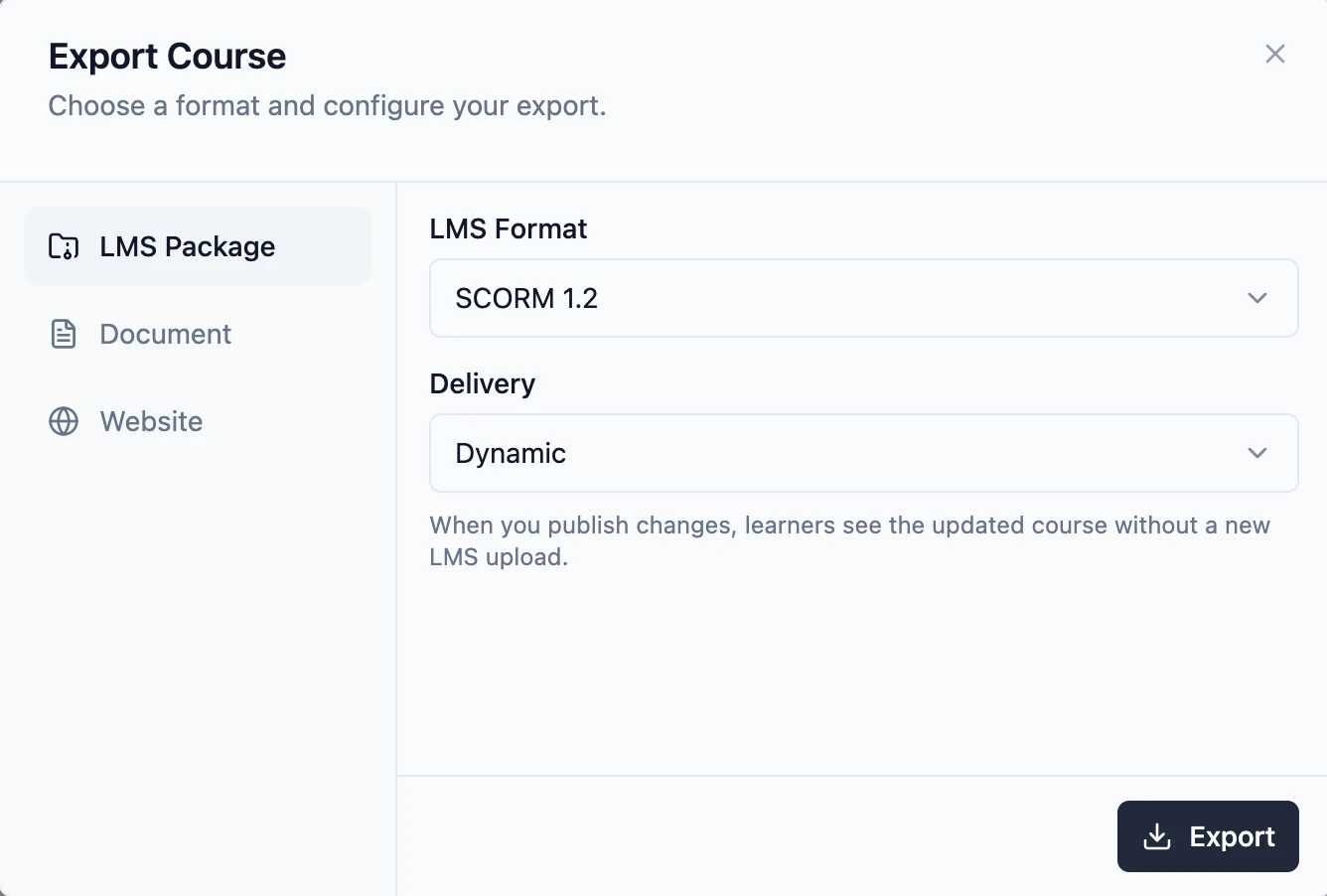 Slate's Export Course dialog with LMS Package selected and Dynamic chosen under Delivery