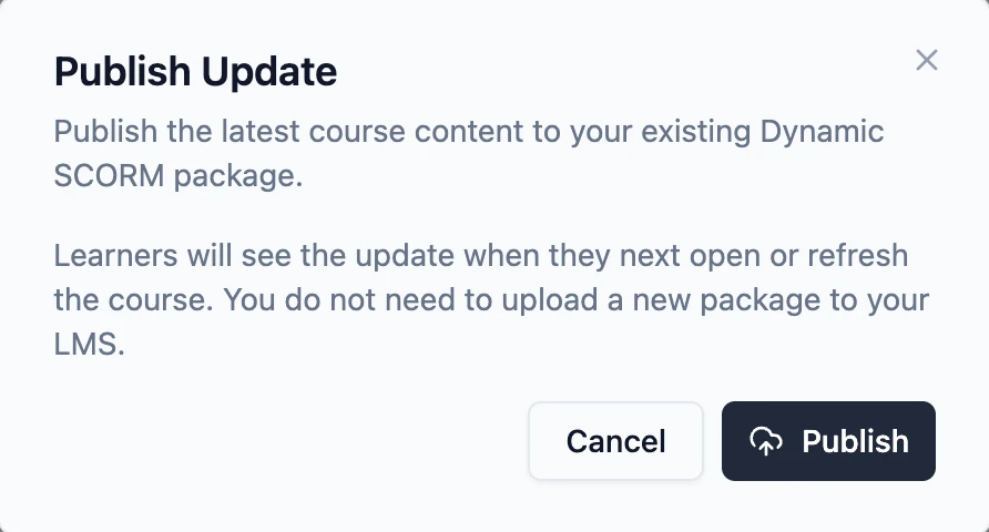 Slate's Publish Update confirmation explaining that learners receive updated Dynamic SCORM content without another LMS upload