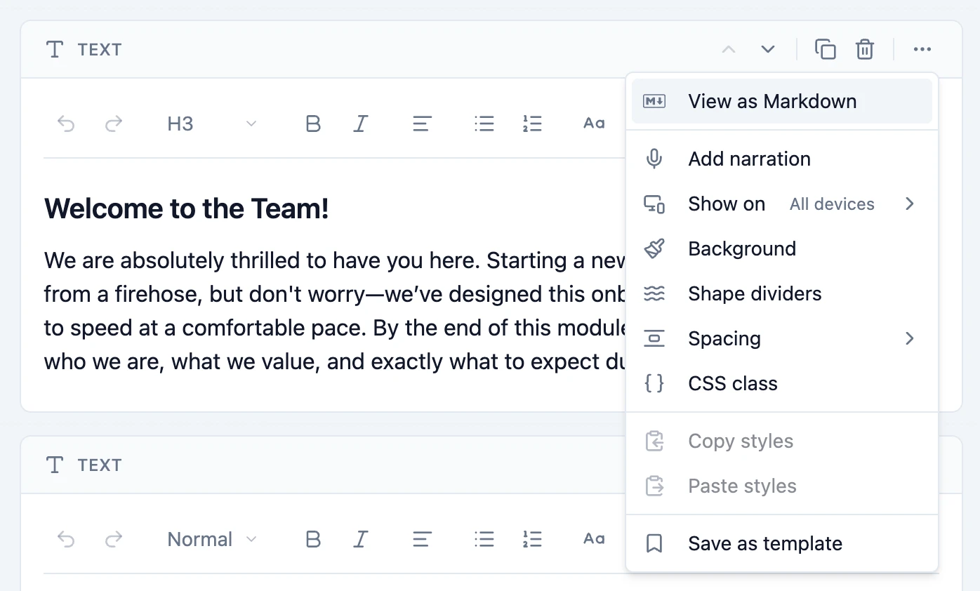 A Slate text block with its three-dot menu open and View as Markdown highlighted at the top.