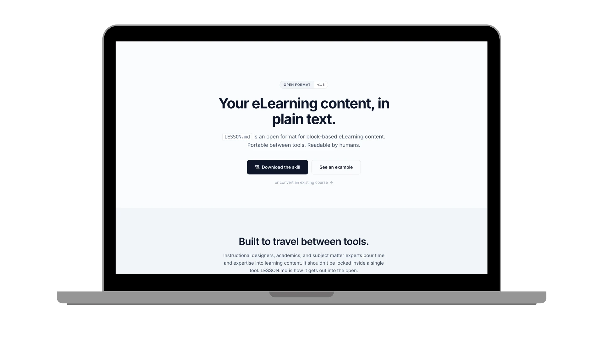 The lesson.md landing page hero, showing LESSON.md positioned as the open Markdown format for eLearning content.