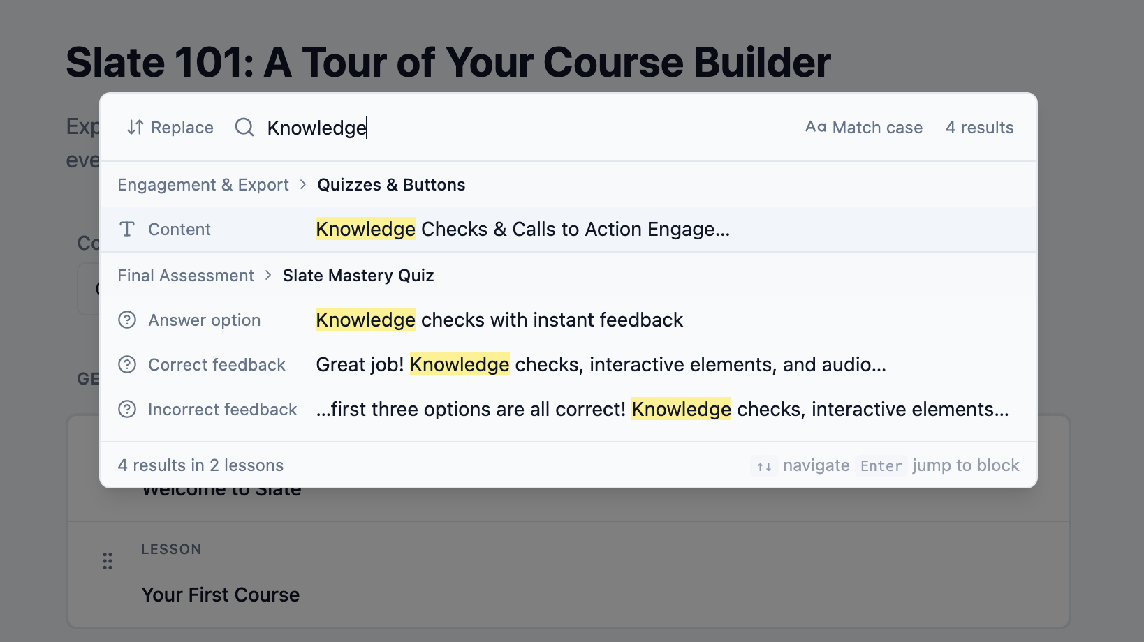 Slate course-wide search dialog showing find and replace results grouped by lesson