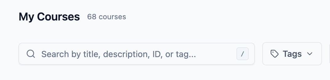 Slate dashboard search bar with / keyboard shortcut hint, searching by title, description, ID, or tag