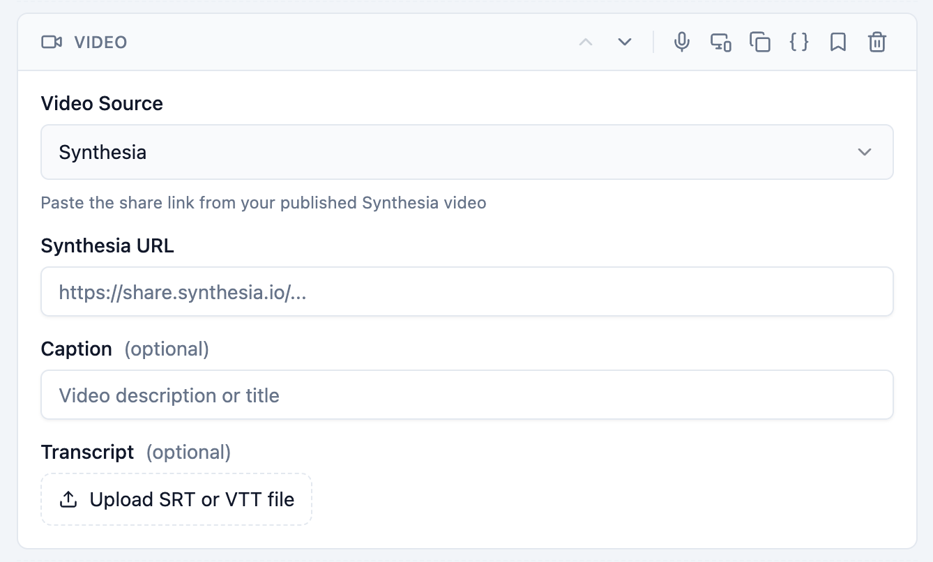 Slate video block editor with Synthesia selected as the provider, showing the URL input and live preview