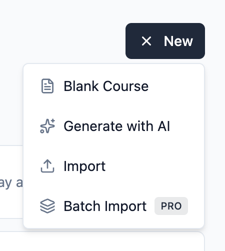 Slate dashboard New button menu showing Batch Import option for Pro users