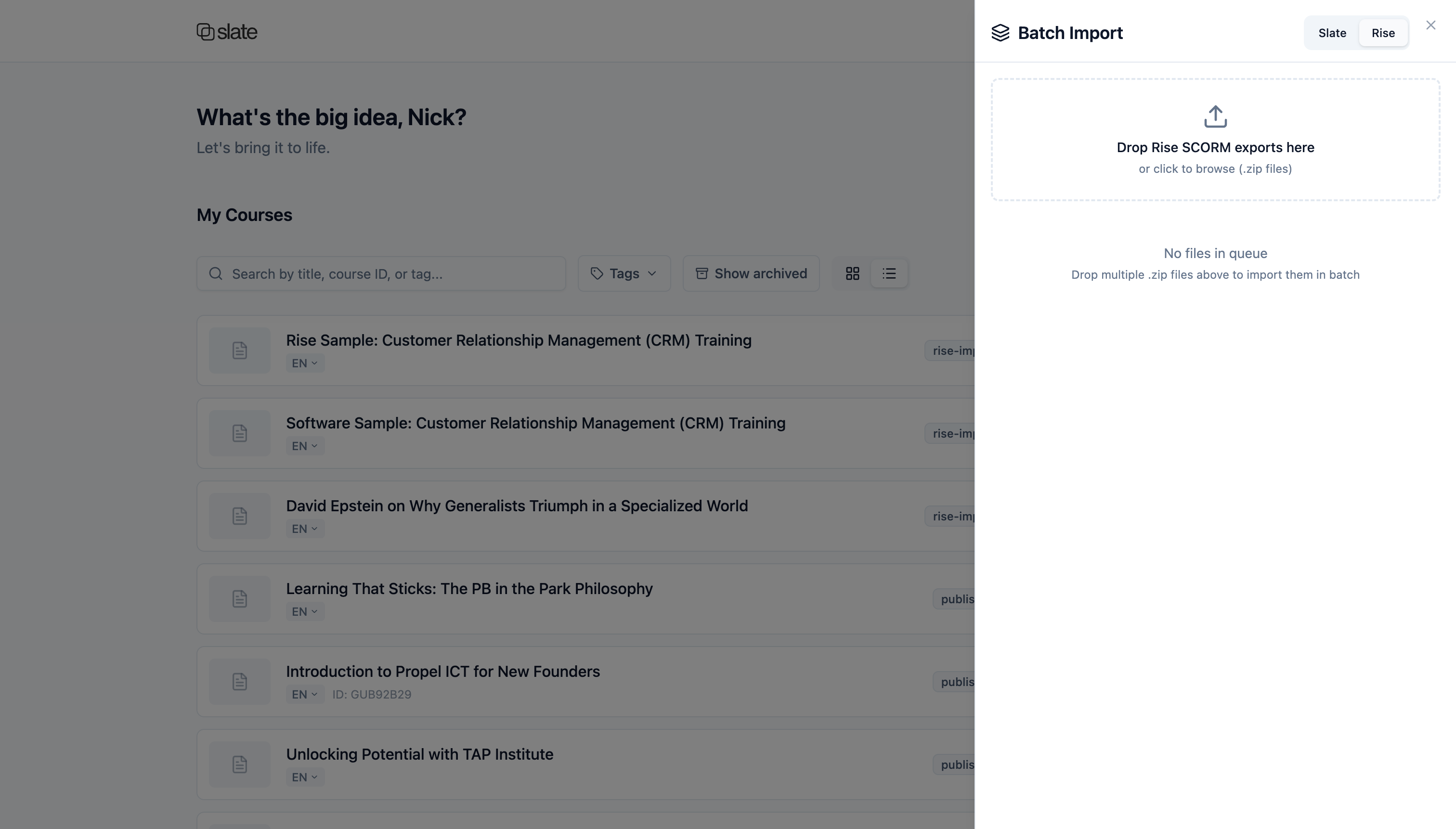 Slate batch import panel with drag-and-drop zone for uploading multiple Articulate Rise SCORM exports