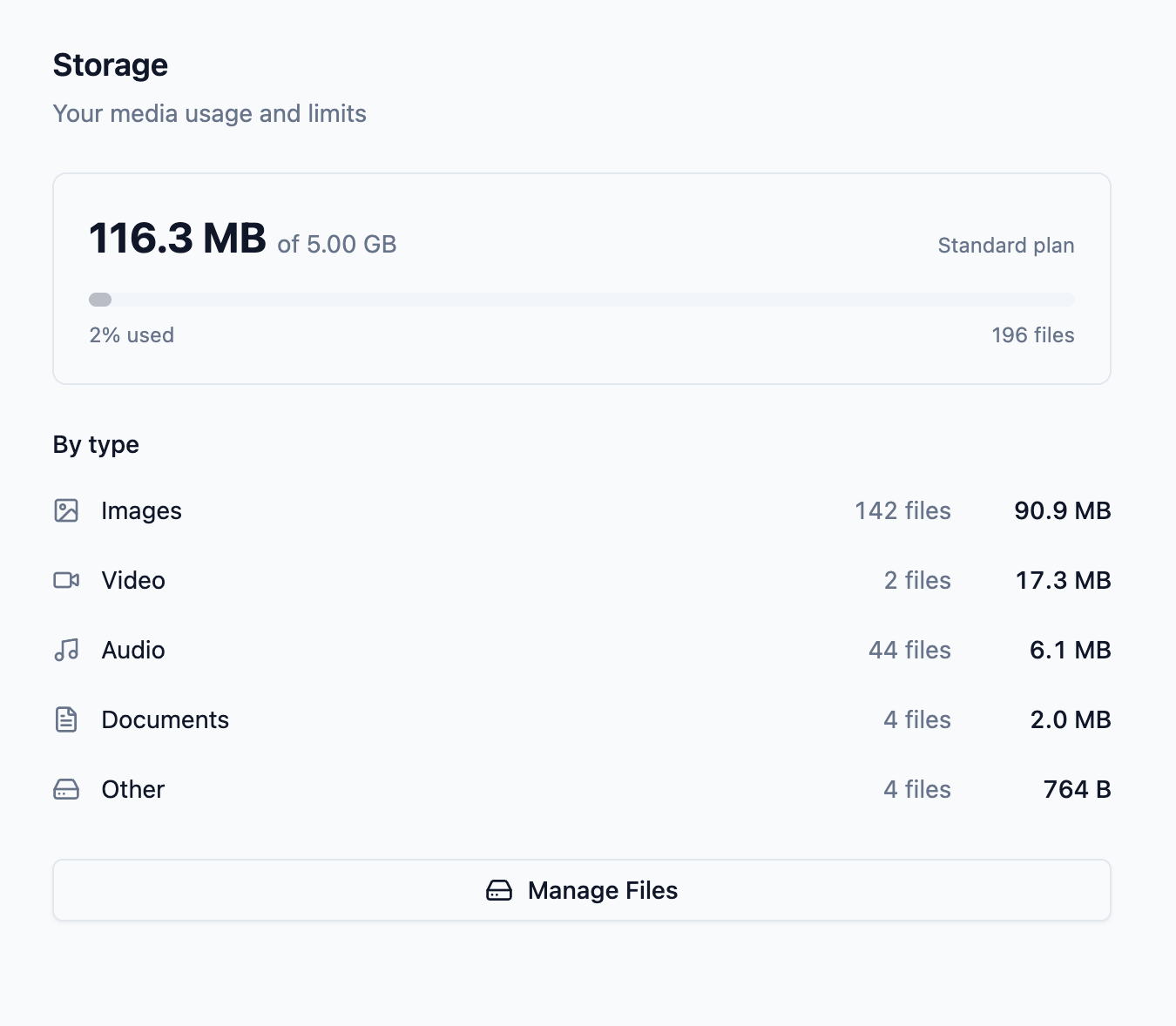 Slate storage settings showing the media library with file grid, type filters, and storage breakdown