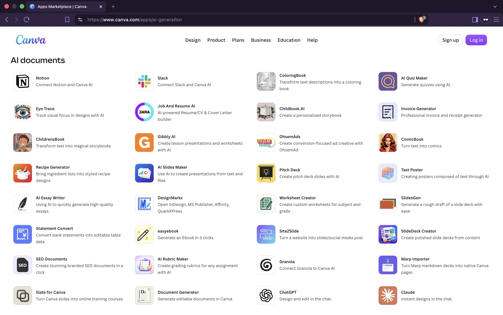 Canva's AI Generation category showing Slate for Canva alongside ChatGPT, Claude, Notion, Granola, and other AI apps.