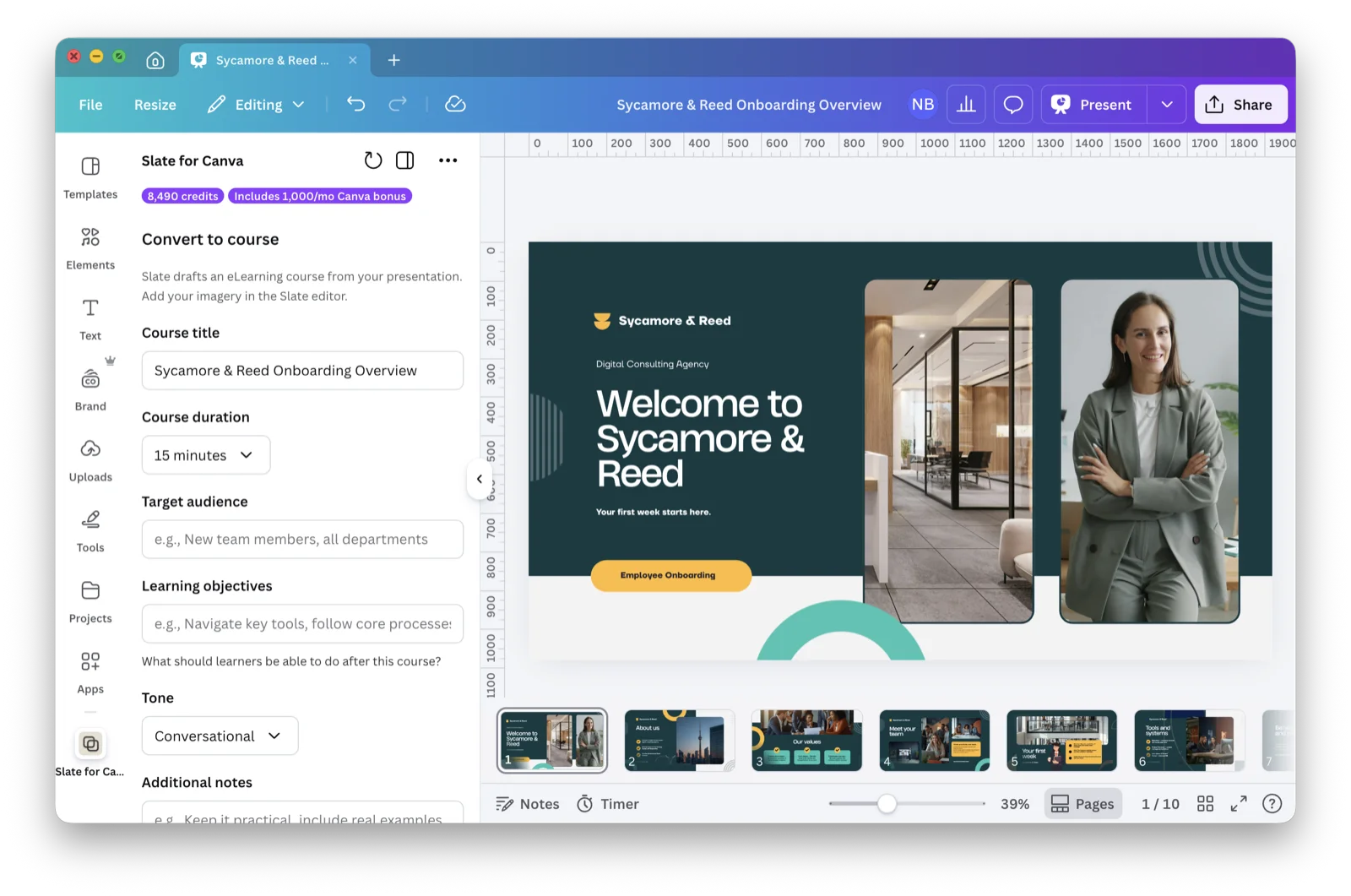The Slate for Canva sidebar open beside a Canva onboarding presentation, showing fields for course title, duration, target audience, learning objectives, tone, and additional notes.