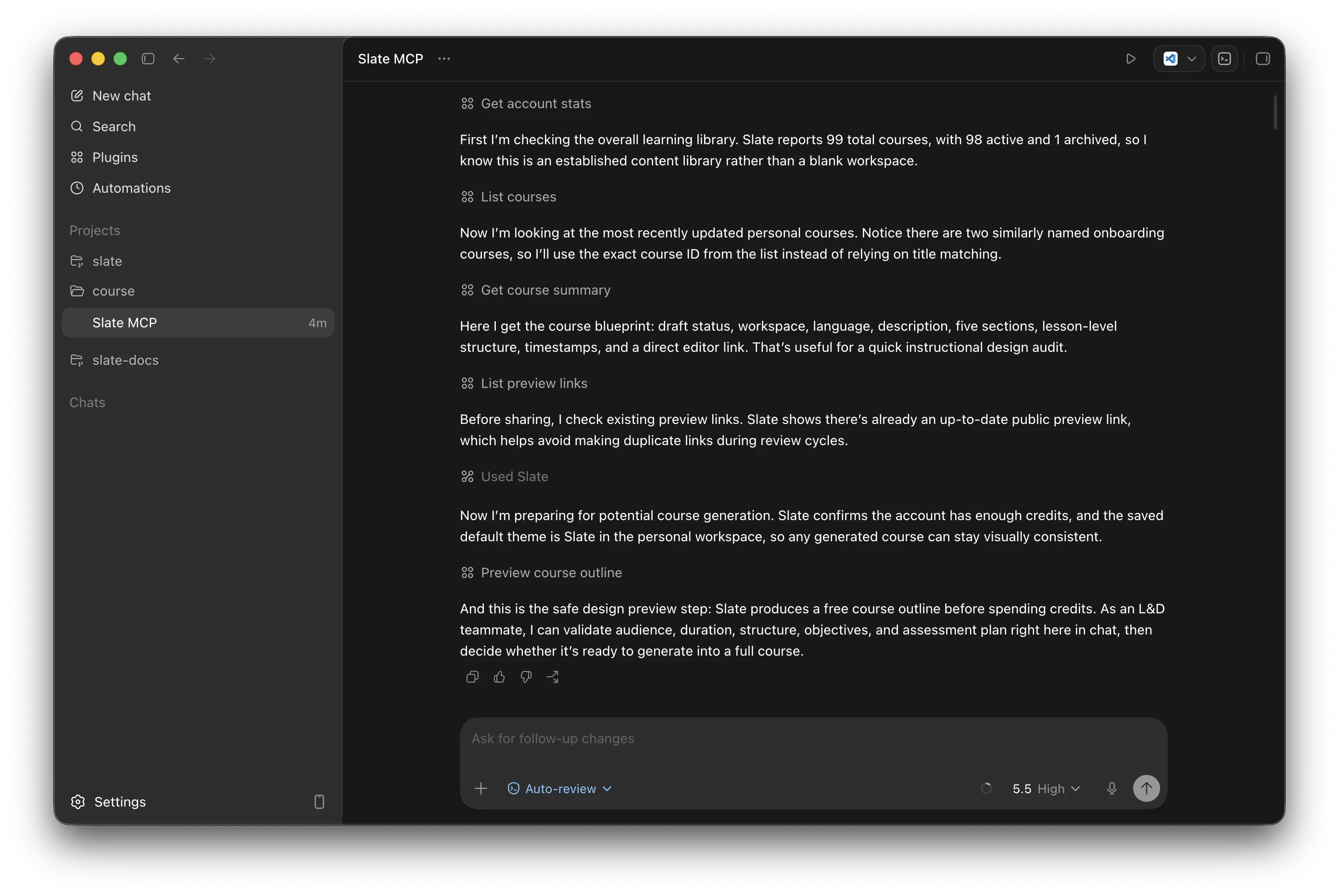 Codex Desktop calling Slate MCP tools — get account stats, list courses, get course summary, list preview links, preview course outline — to audit a course library and plan a new course