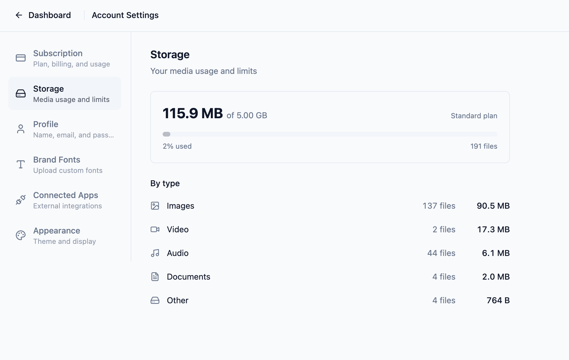 The new Storage section in Slate account settings showing storage usage