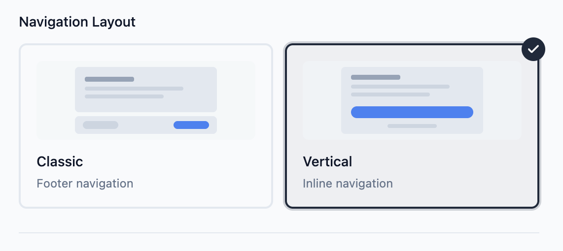 Slate theme layout settings showing Classic and Vertical navigation layout options as selectable tiles