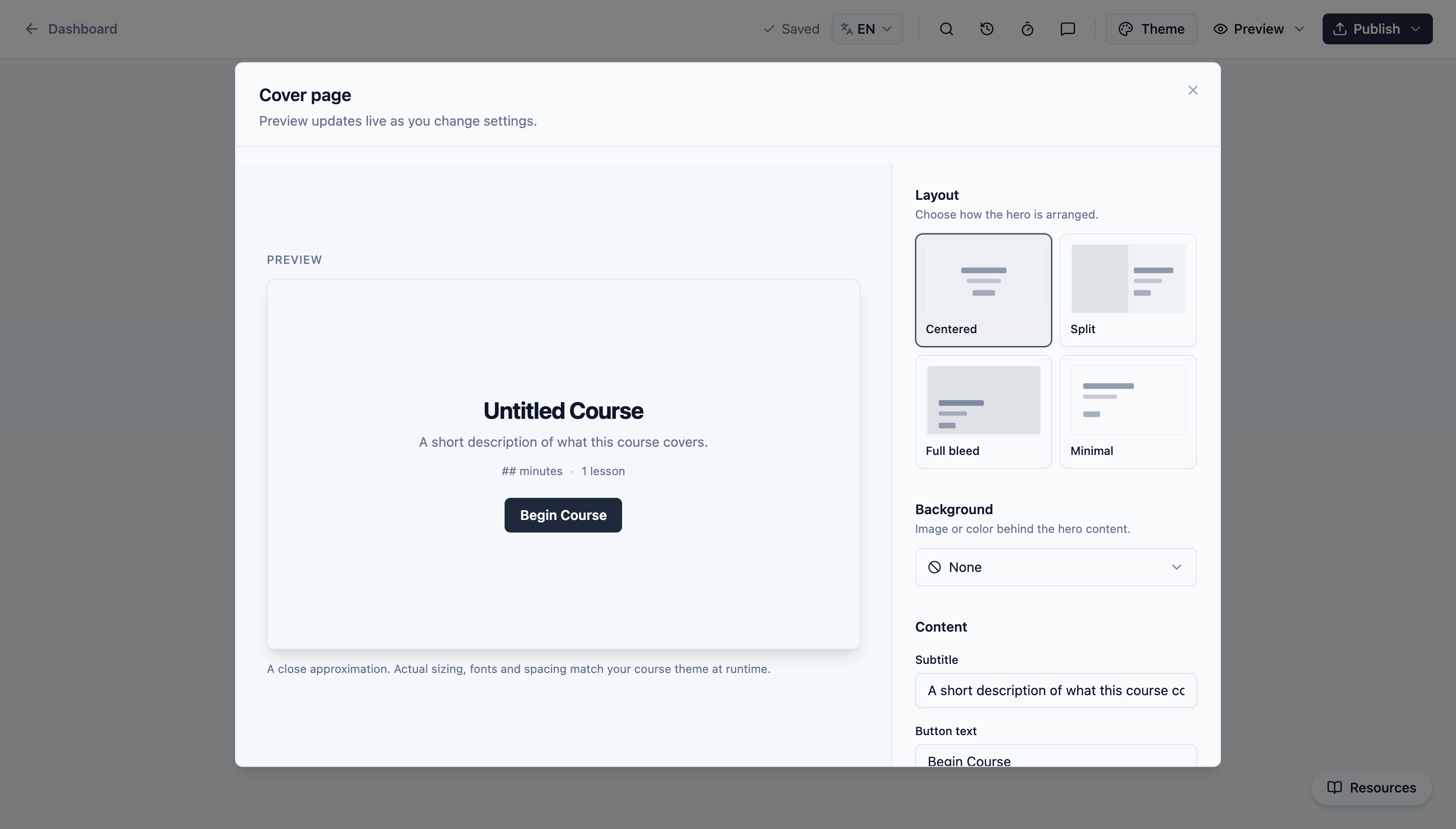 Slate cover page settings dialog with four hero layout options and a live preview of the rendered cover