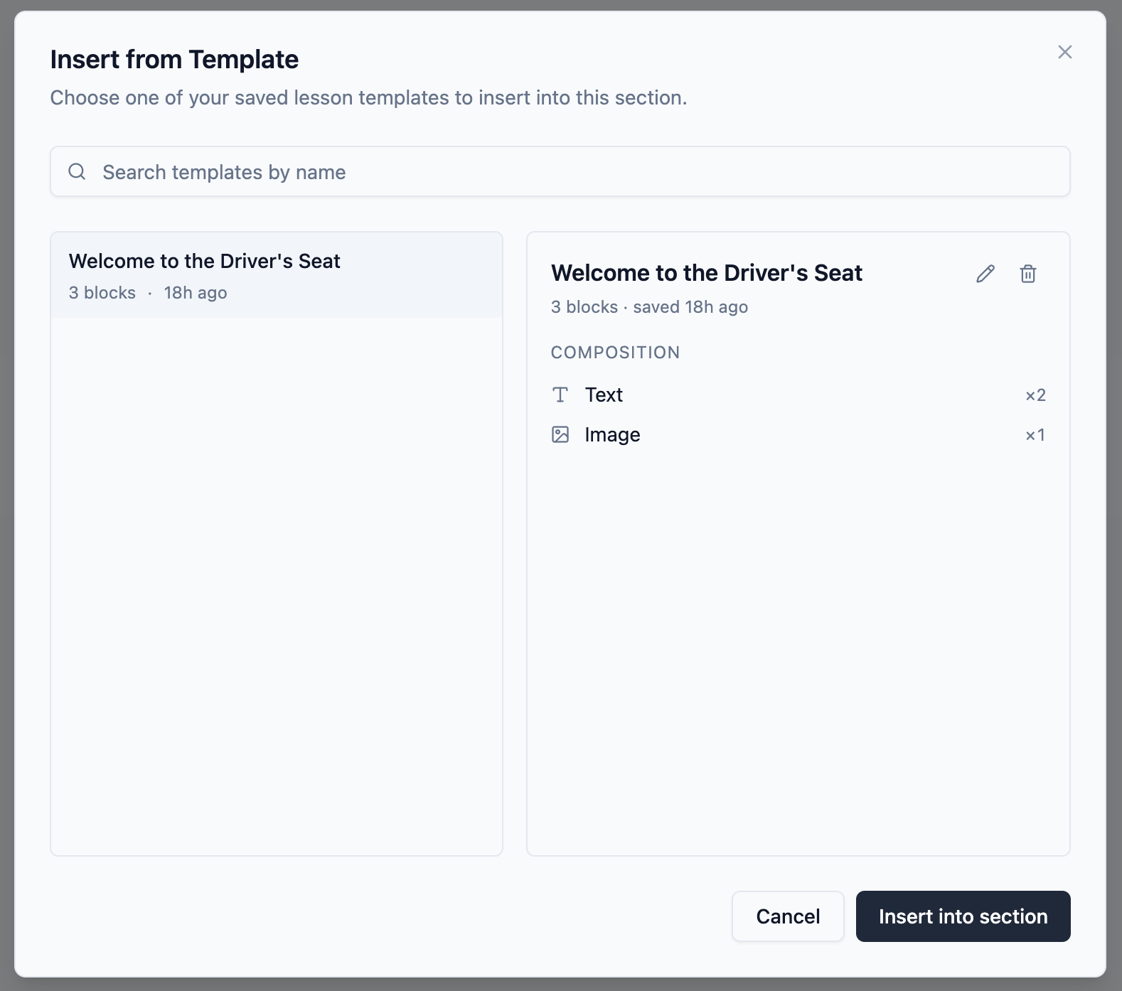 Slate lesson template picker dialog showing a searchable list of saved templates with block-type fingerprints and a detail panel