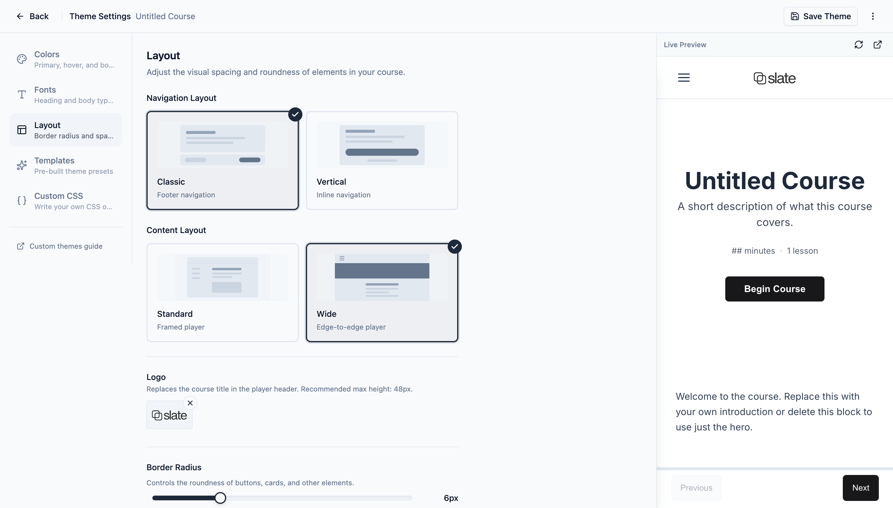Slate Theme settings panel with the Wide content layout option selected