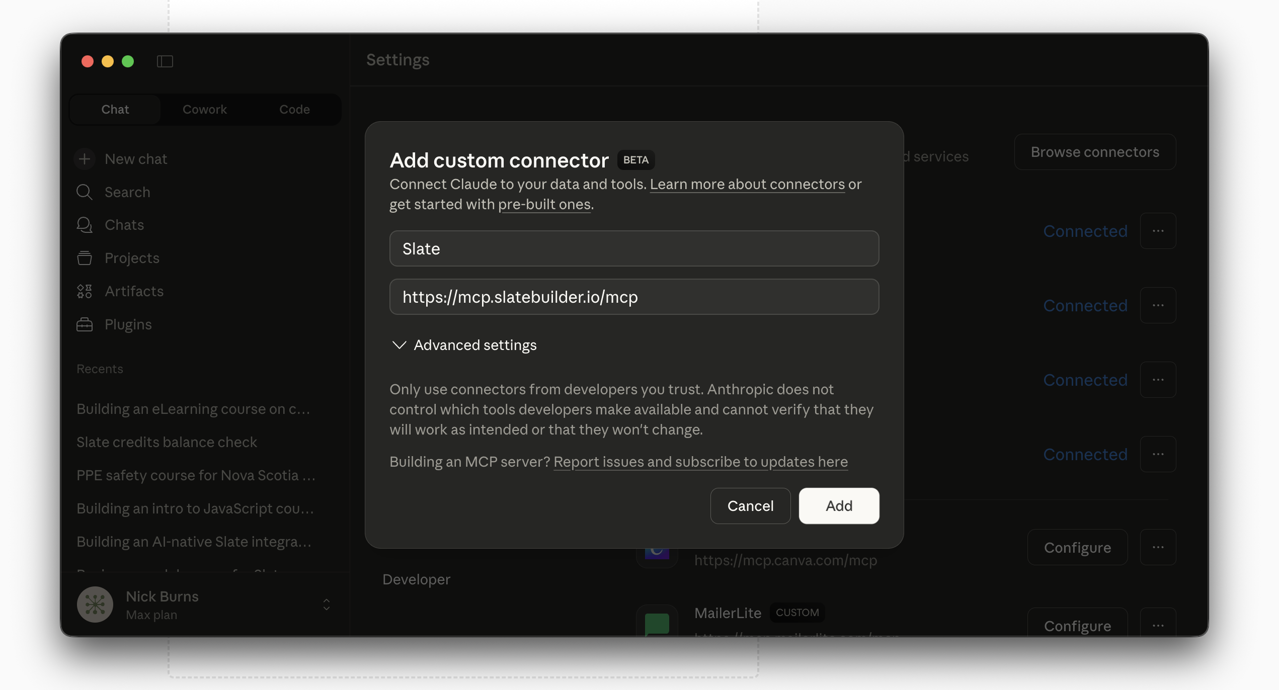 Claude Desktop add custom connector dialog showing Slate configuration