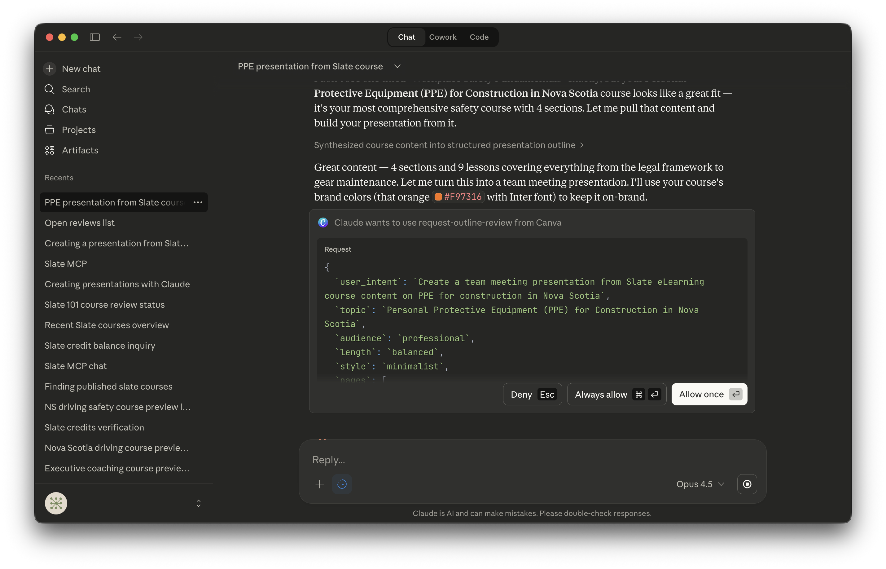 Claude creating a presentation from Slate course content using Canva MCP