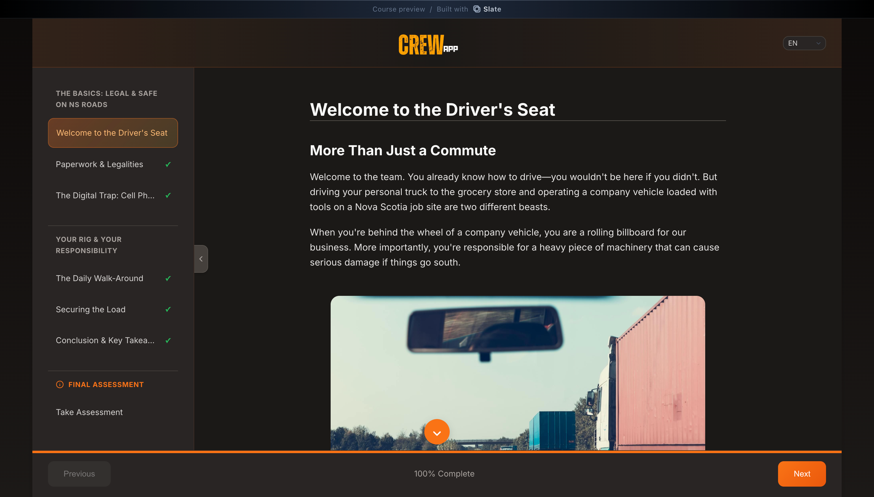 Crew App safety training course built with Slate