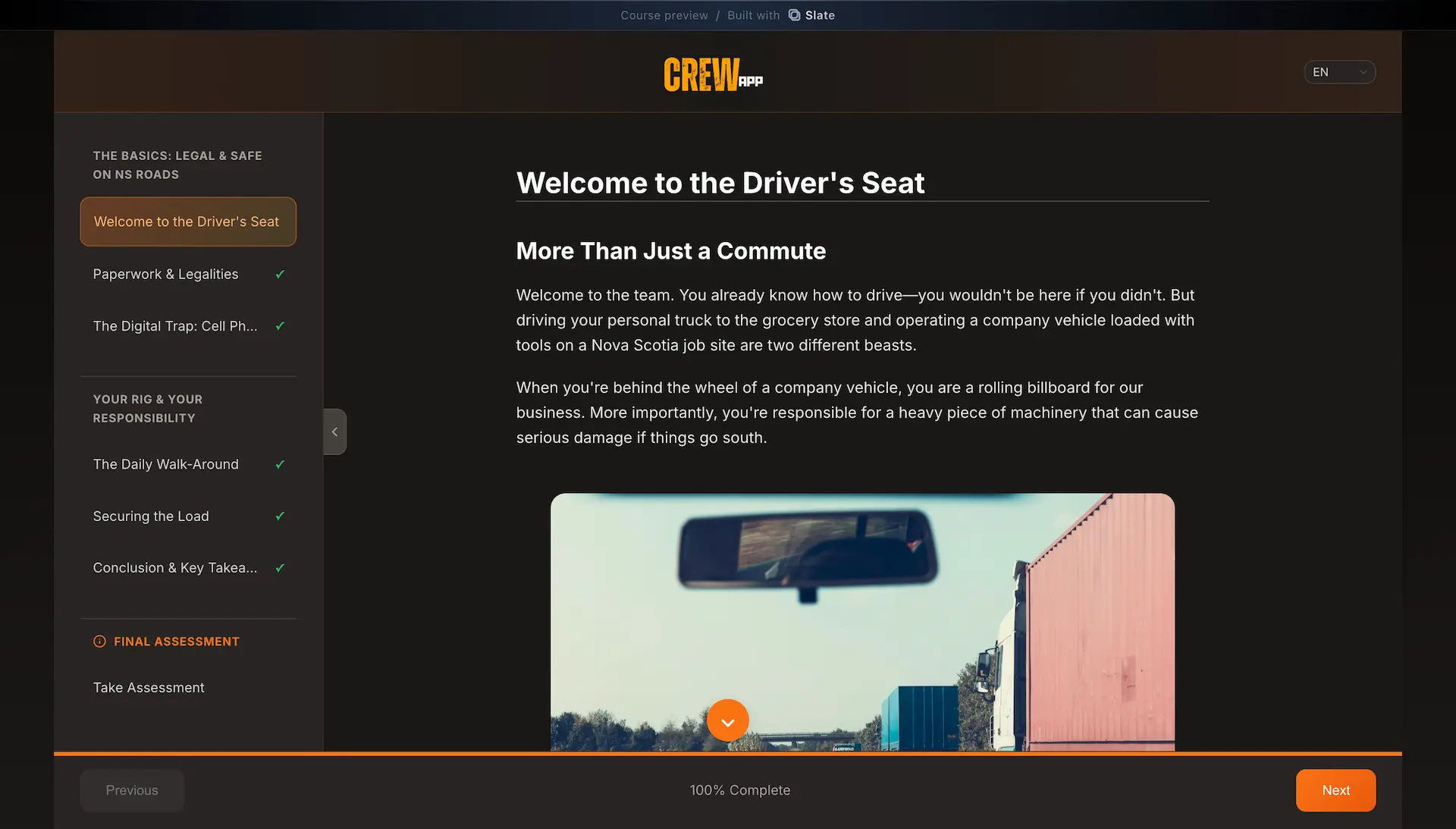 Crew App safety training course built with Slate