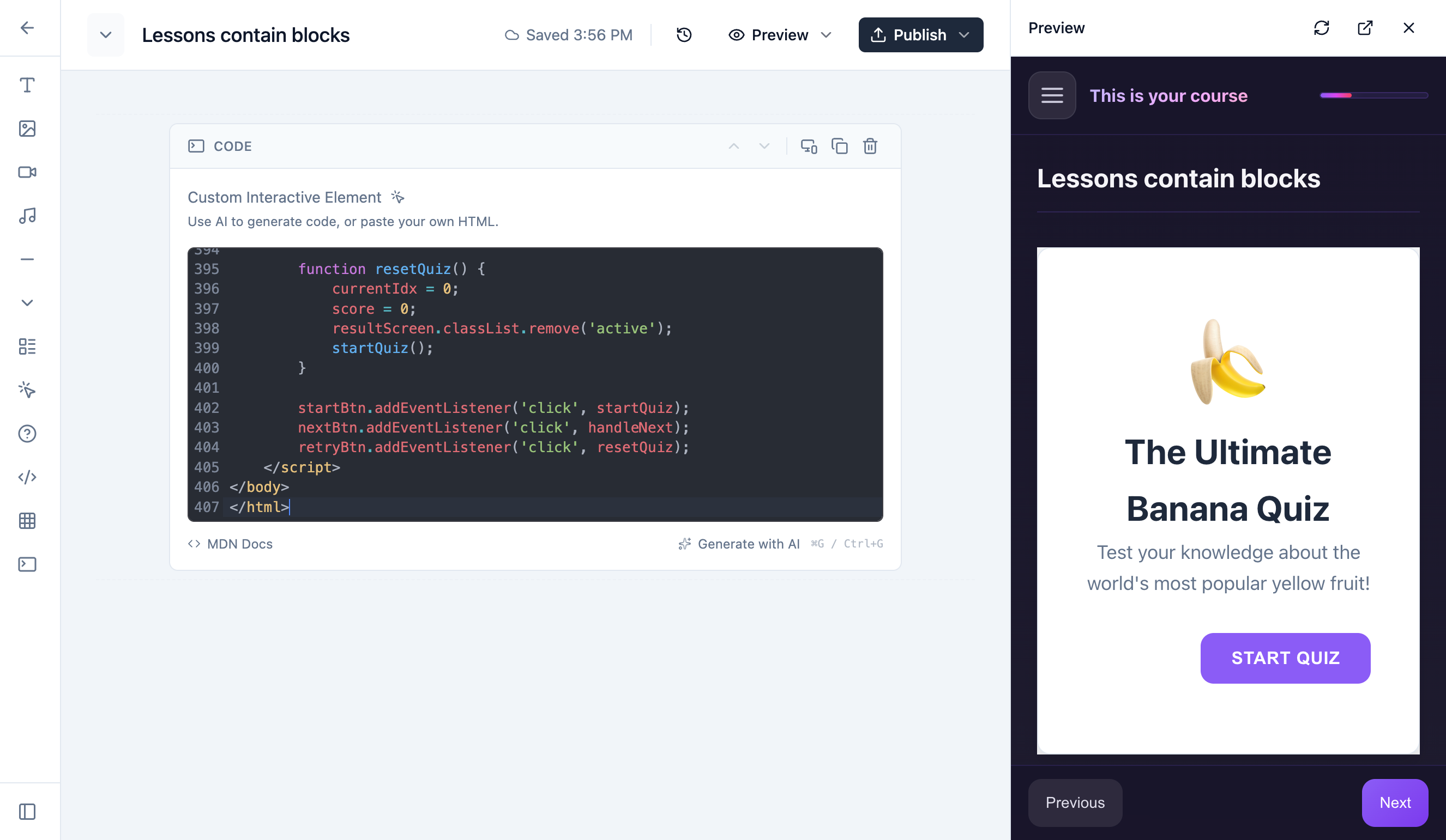 AI Code Blocks demonstration showing prompt-to-code generation