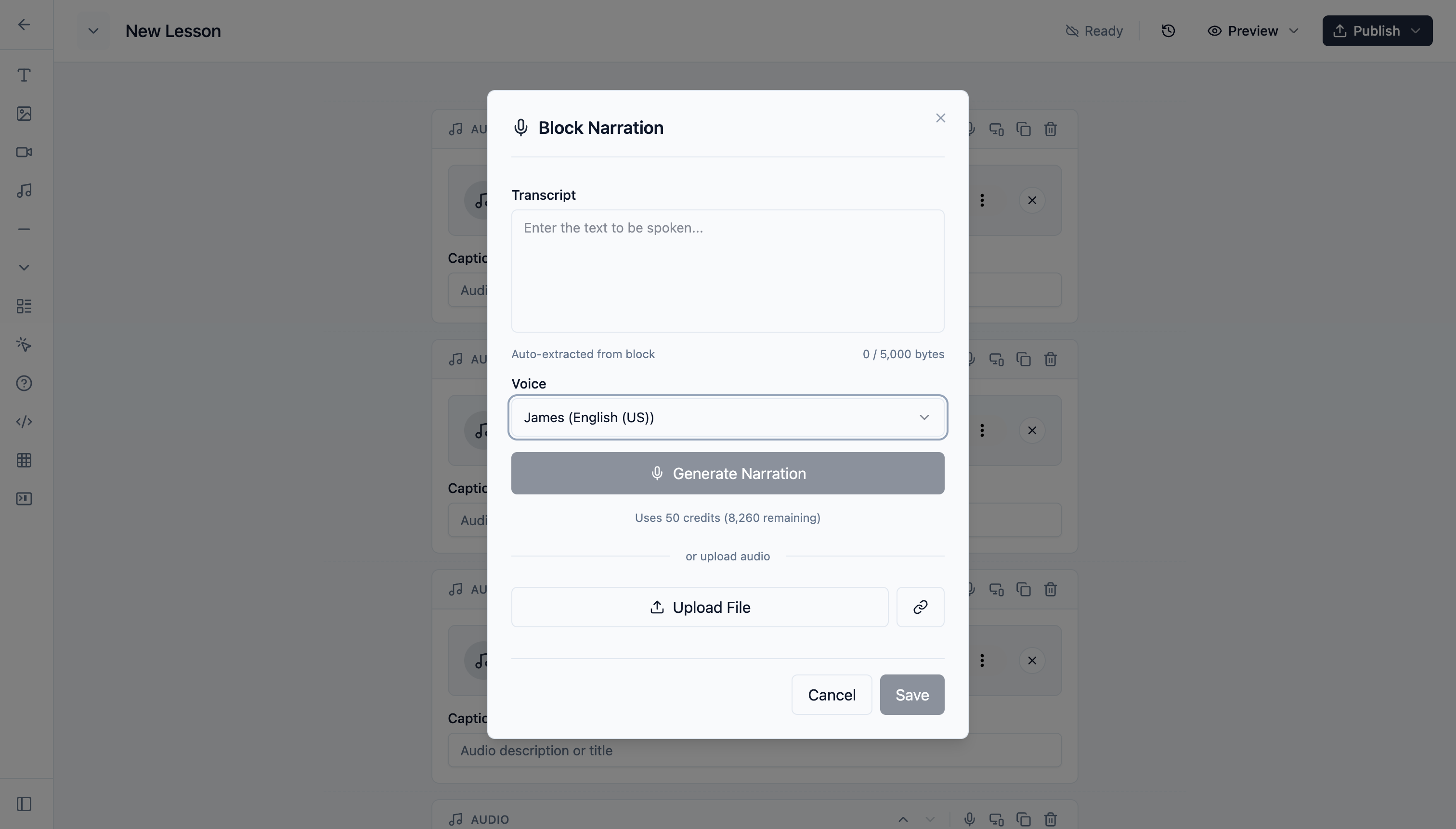 Audio narration interface showing voice selection and transcript editing