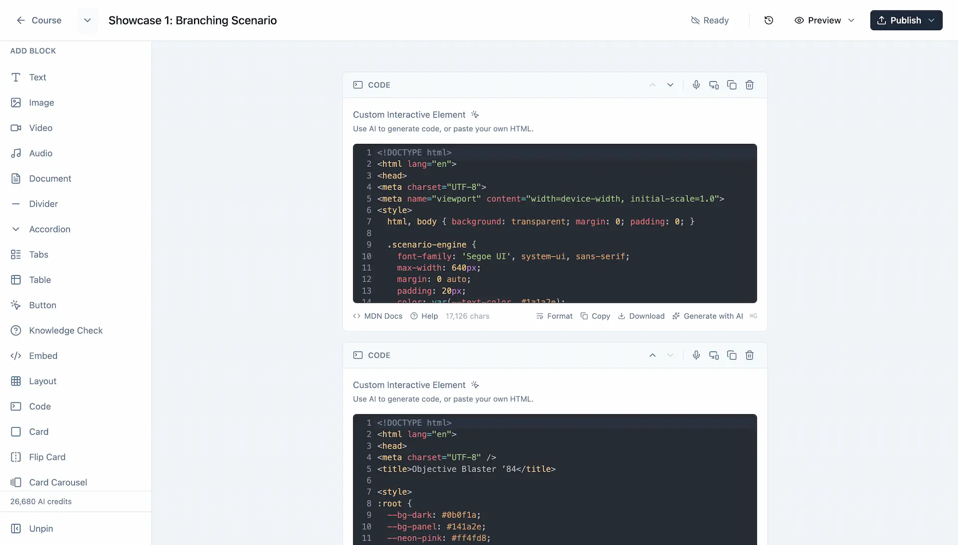 Slate AI Code Block editor showing interactive drag-and-drop component