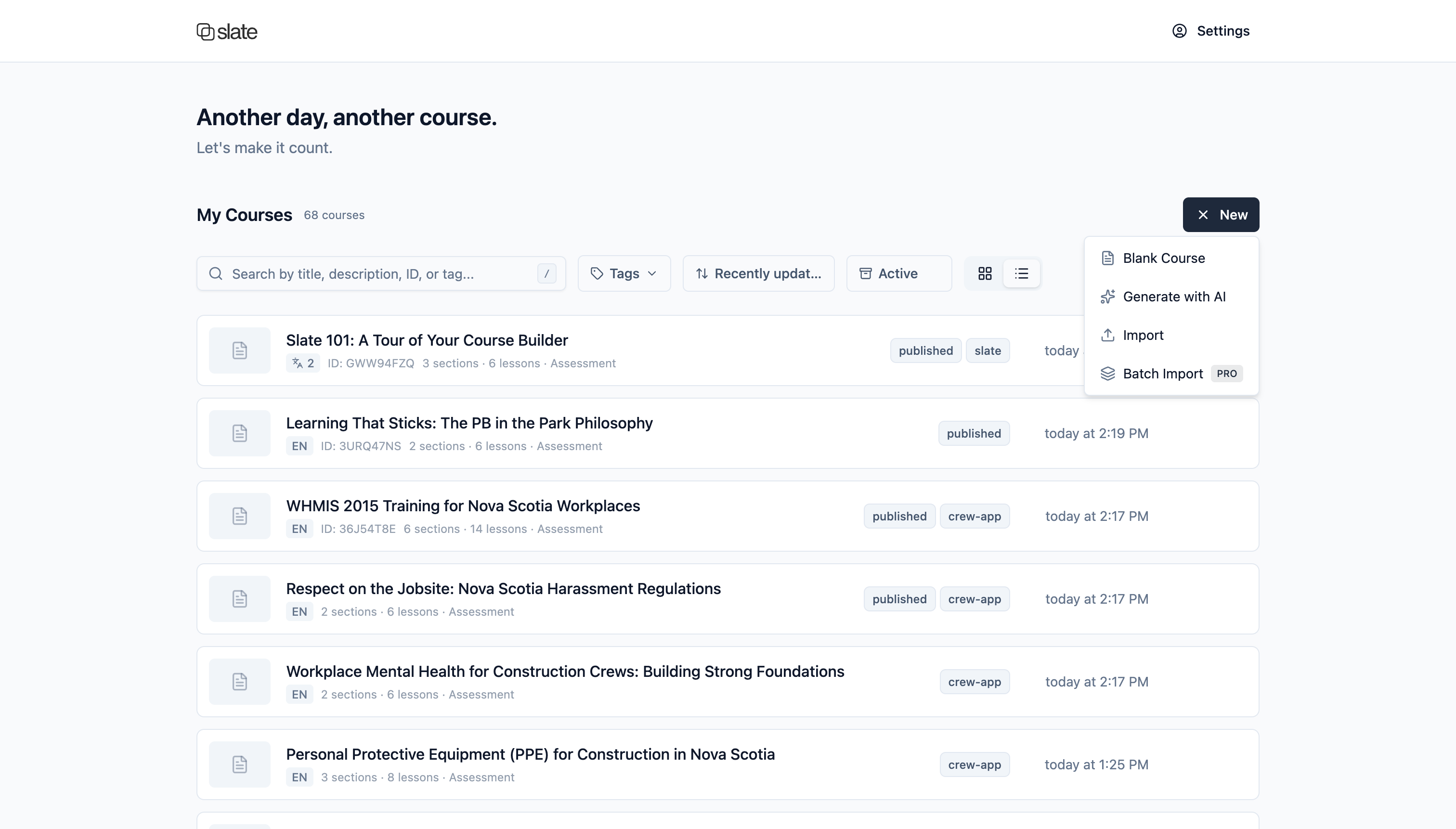 Dashboard with course cards showing section and lesson counts, tags, and assessment indicators