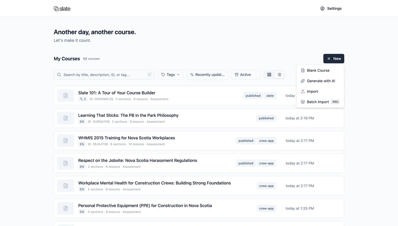 Dashboard with course cards showing section and lesson counts, tags, and assessment indicators