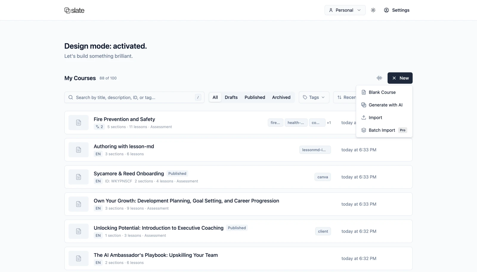 Dashboard with course cards showing section and lesson counts, tags, and assessment indicators