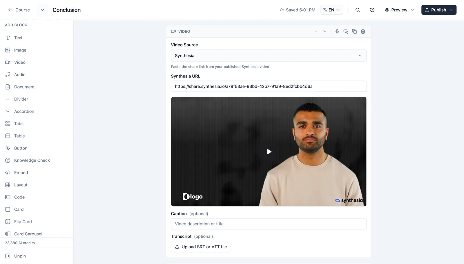 Synthesia, Canva, and Google Drive integration with auto-detected URLs and iFrames