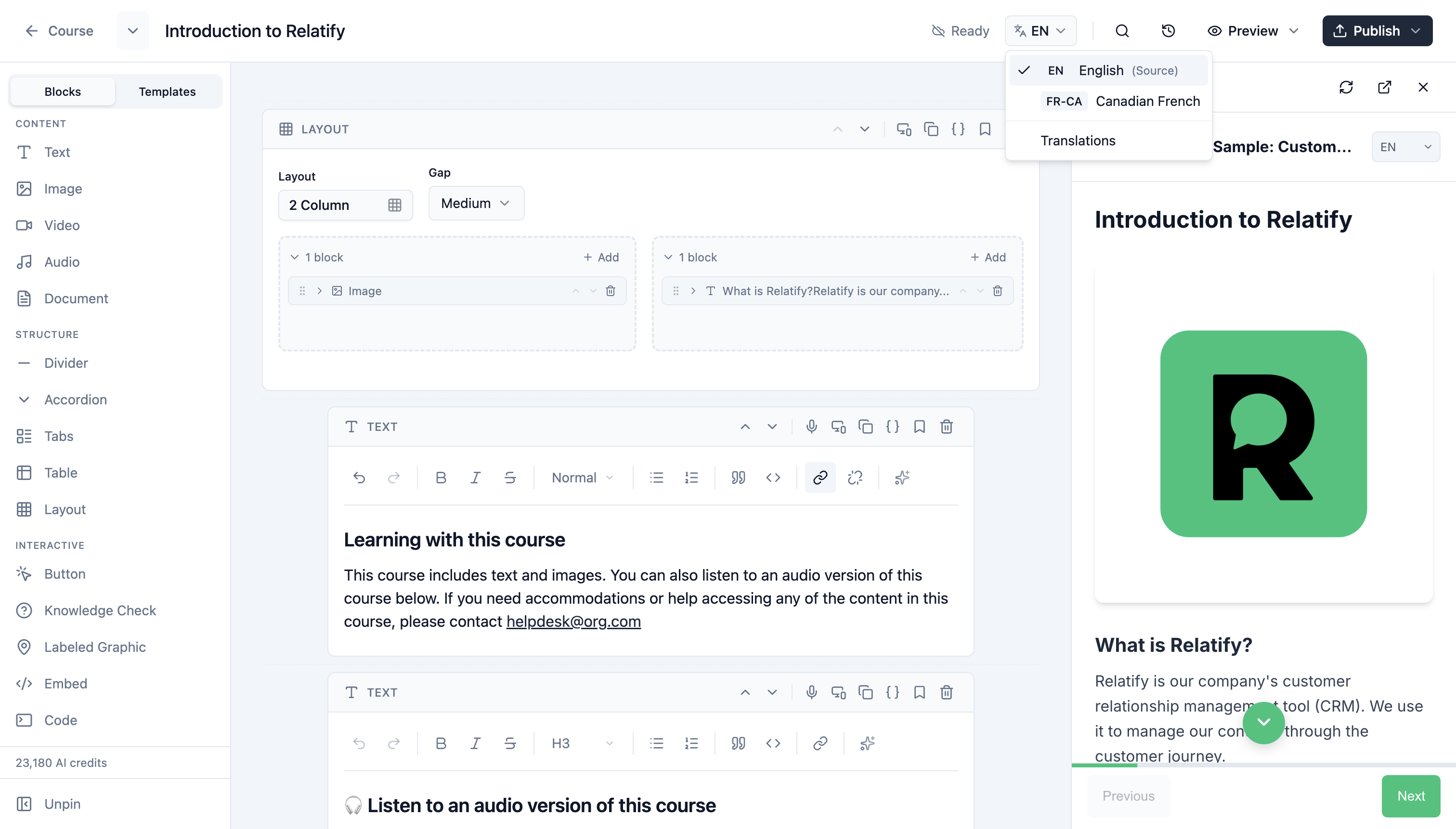 Lesson editor interface