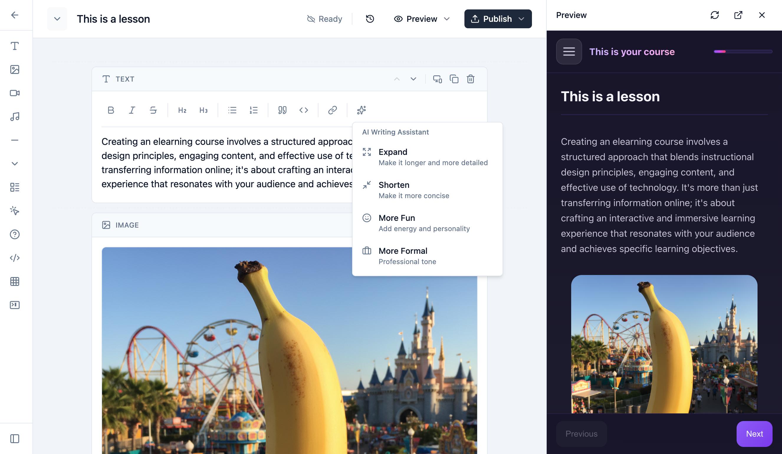 Lesson editor interface