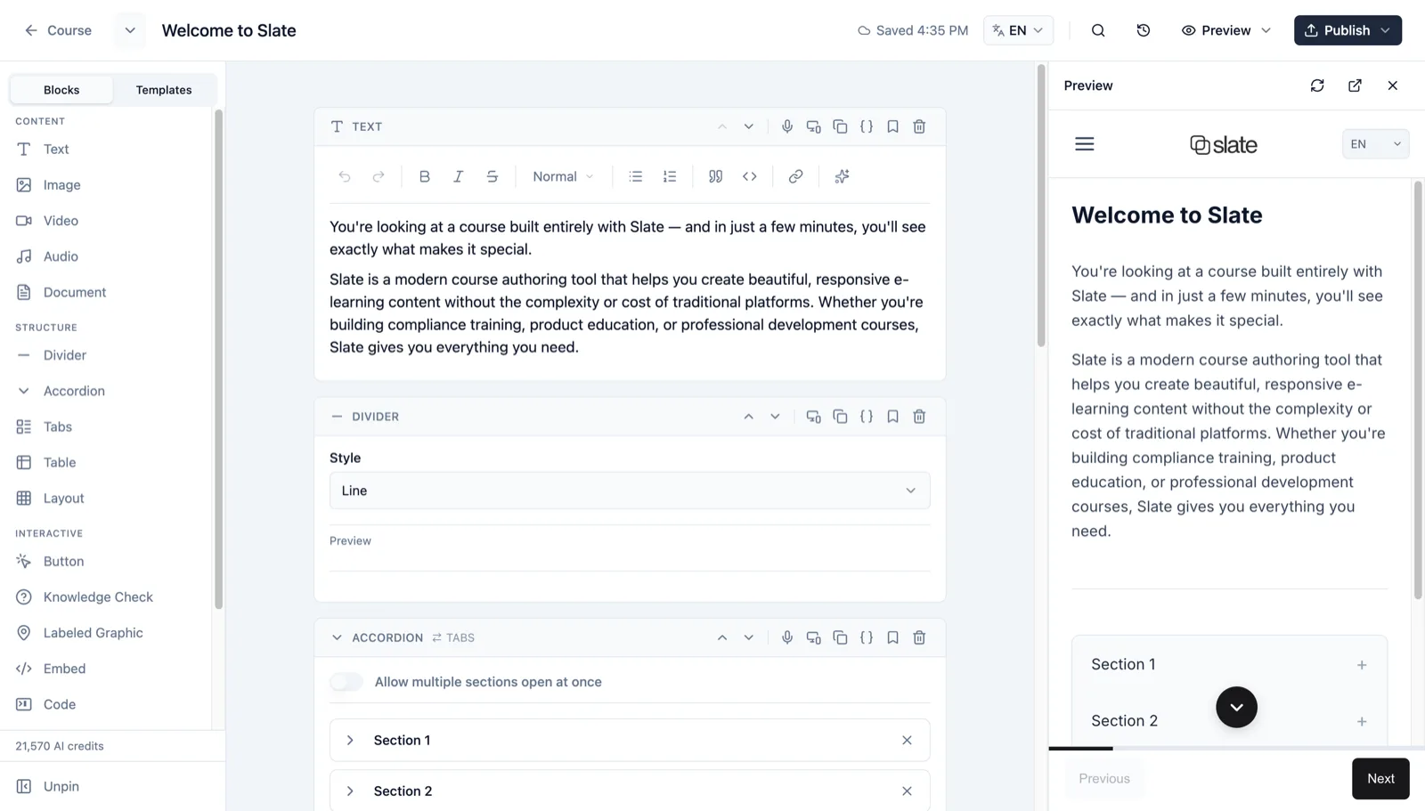 Slate lesson editor in light and dark mode β light mode