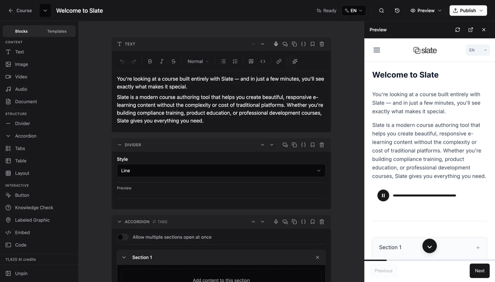 Slate lesson editor in light and dark mode β dark mode