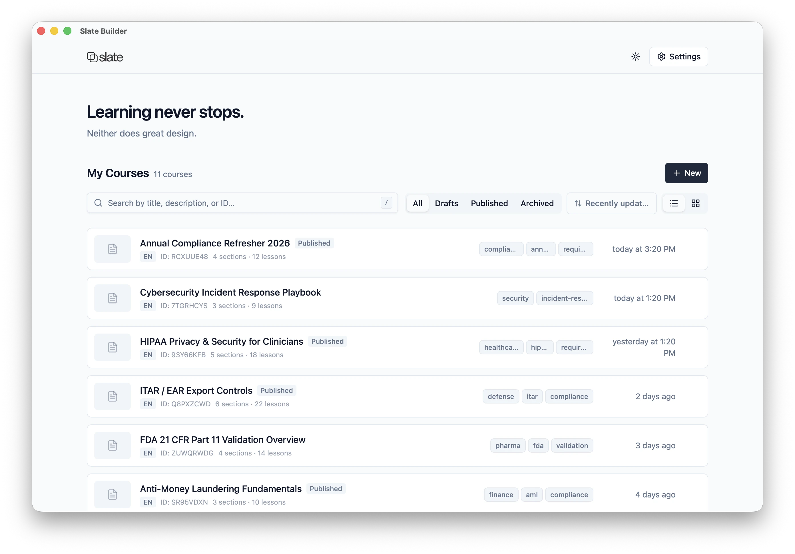 Slate Builder X desktop app showing a course library with compliance, security, and regulated-industry training titles.