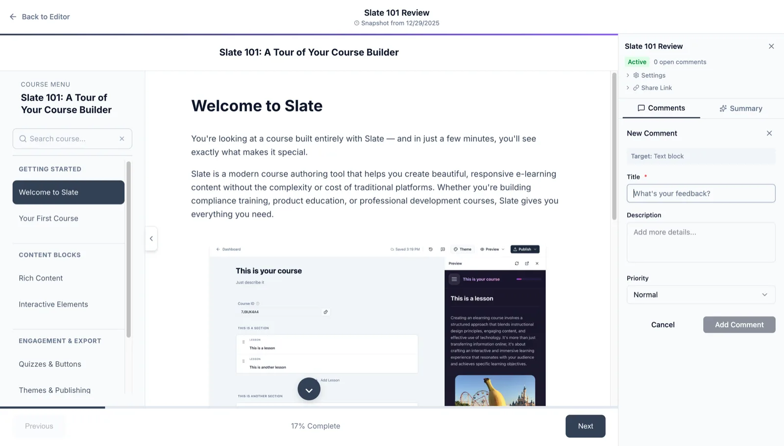 Review tool with comments and feedback