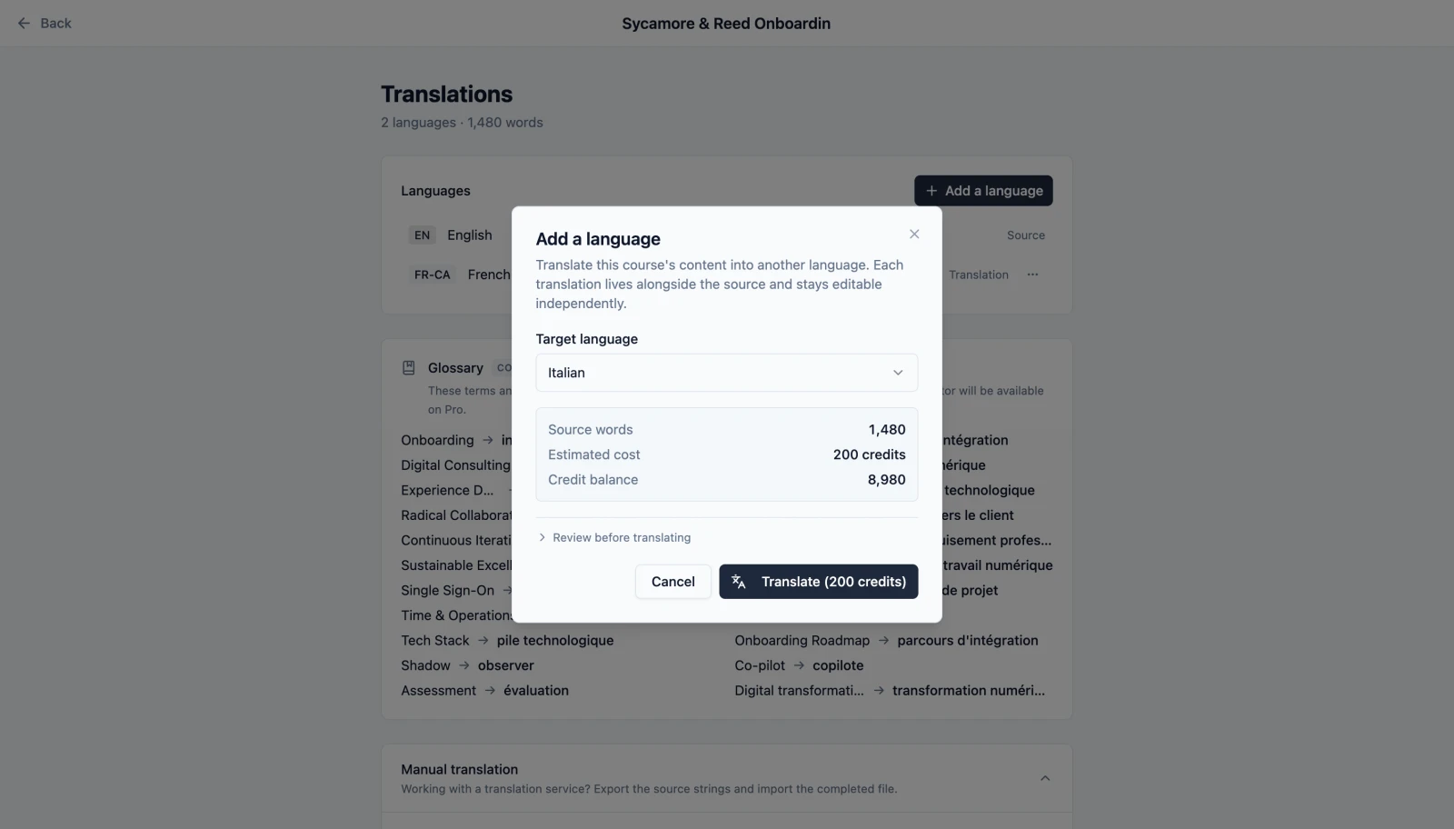 Auto-translate workflow with word count, credit estimate, and export options