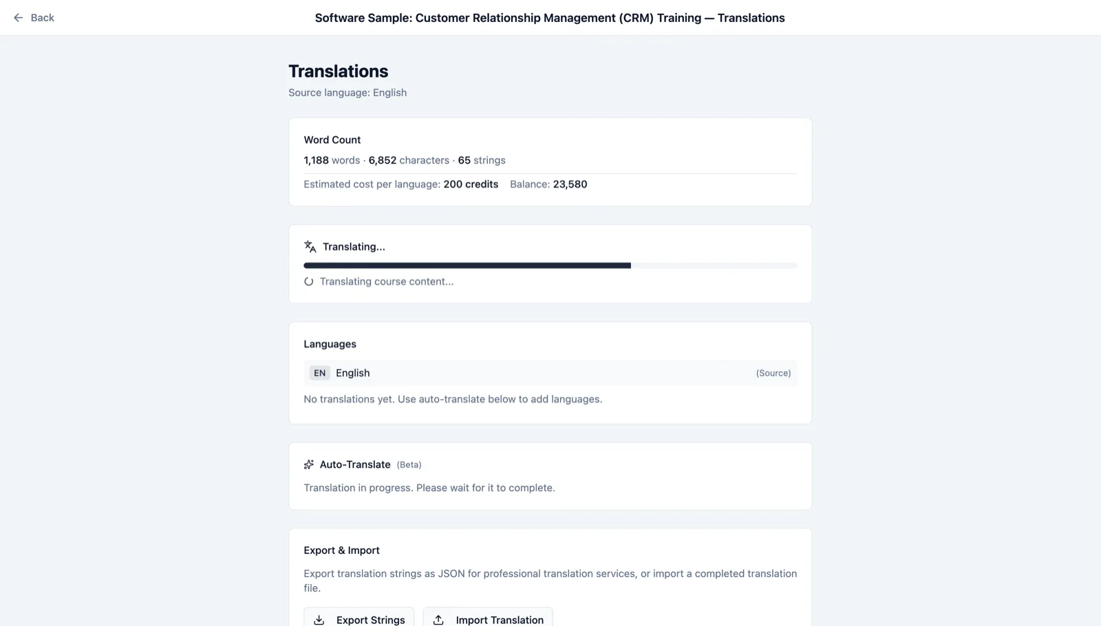 Auto-translate workflow with word count, credit estimate, and export options