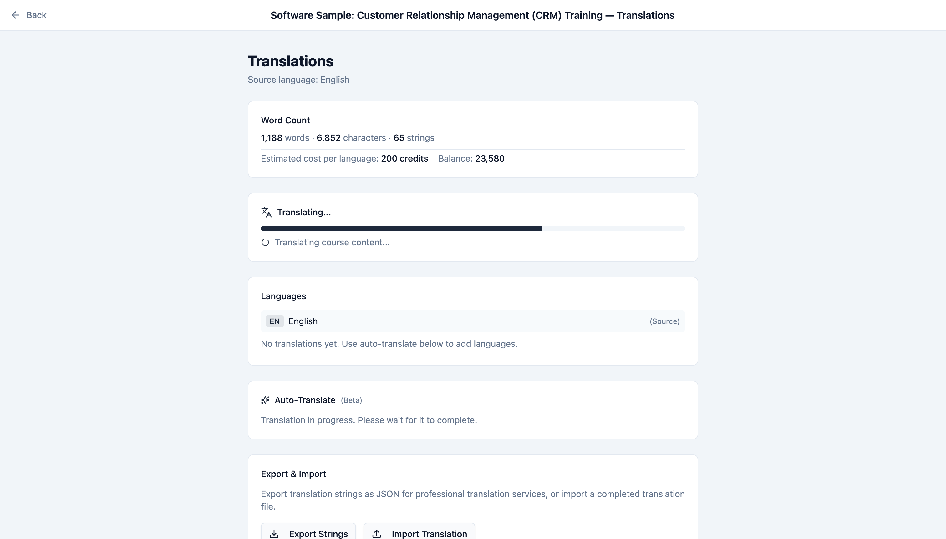 Auto-translate workflow with word count, credit estimate, and export options