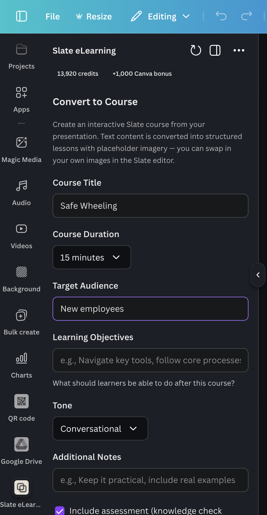 Slate eLearning app side panel inside the Canva editor, showing course conversion options