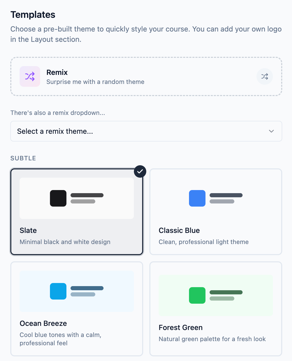 Theme templates grid showing subtle and bold template options