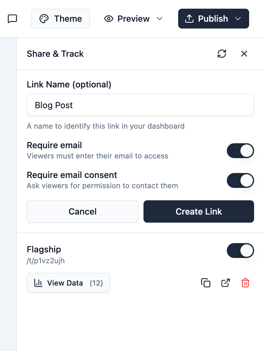 Share & Track side panel showing link creation form with options for link name, require email toggle, and require consent toggle, plus an existing tracked link named Flagship with 12 viewers