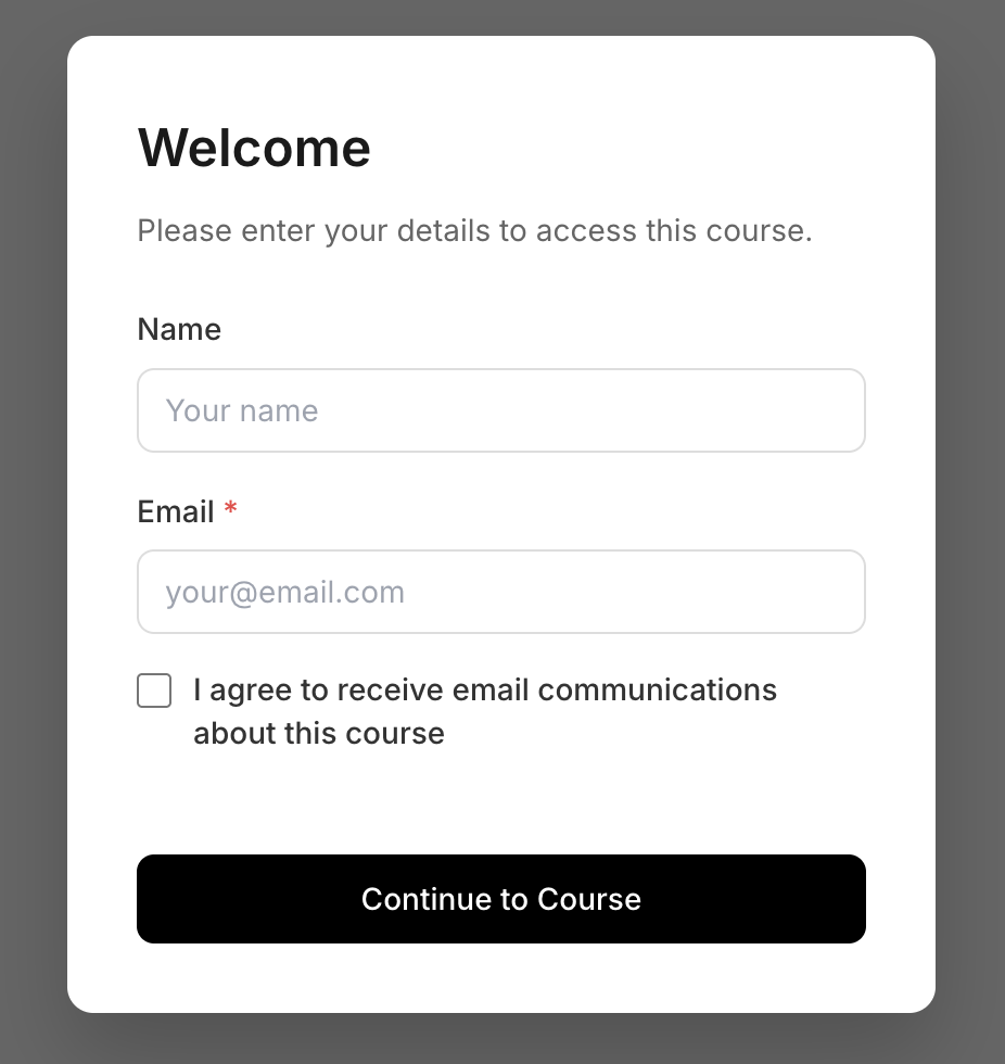 Welcome modal displayed to course viewers with fields for name and email, a checkbox for email consent, and a Continue to Course button